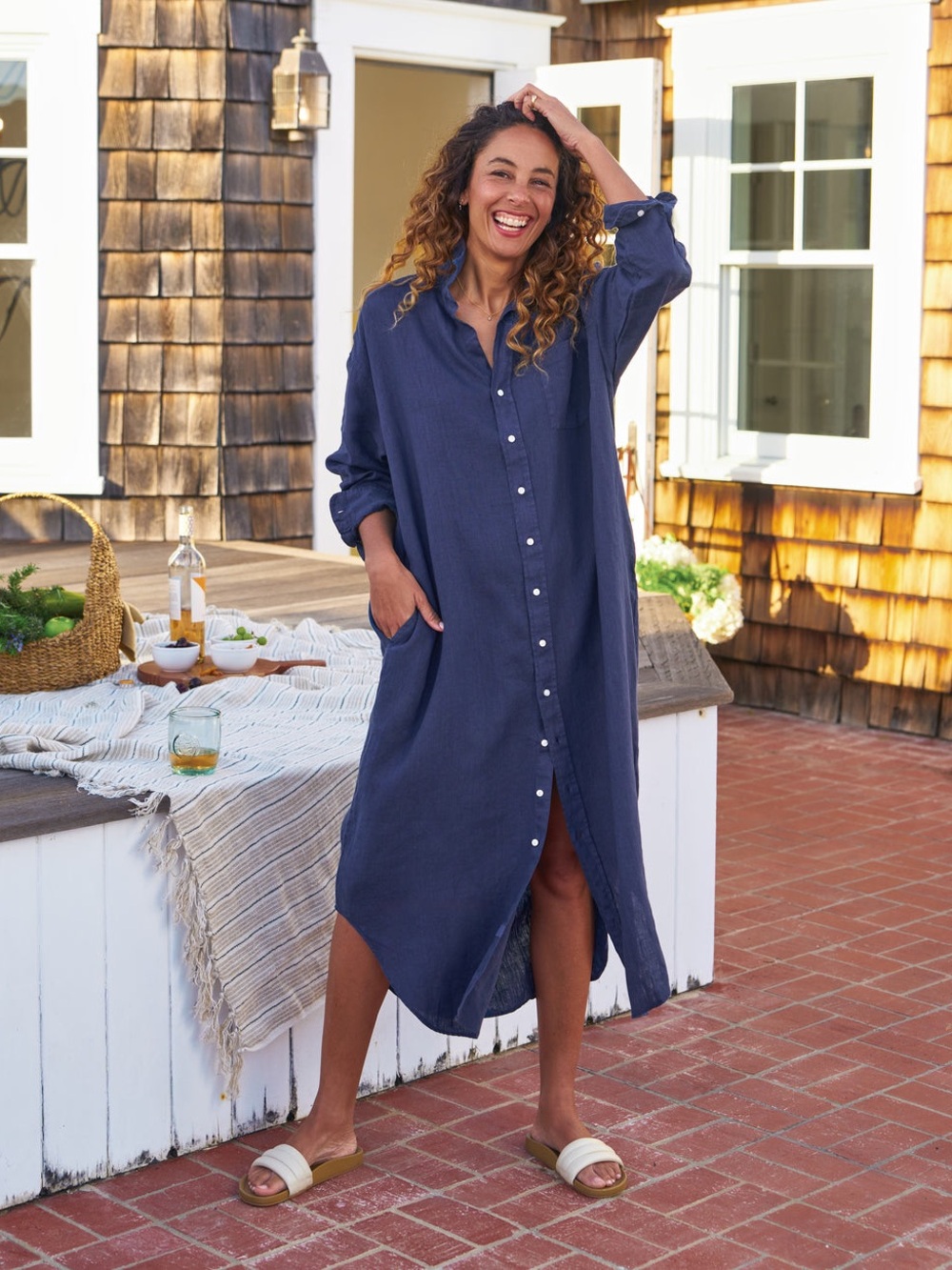 NWT - Frank & Eileen Megan One Size Maxi Shirtdress Navy Linen